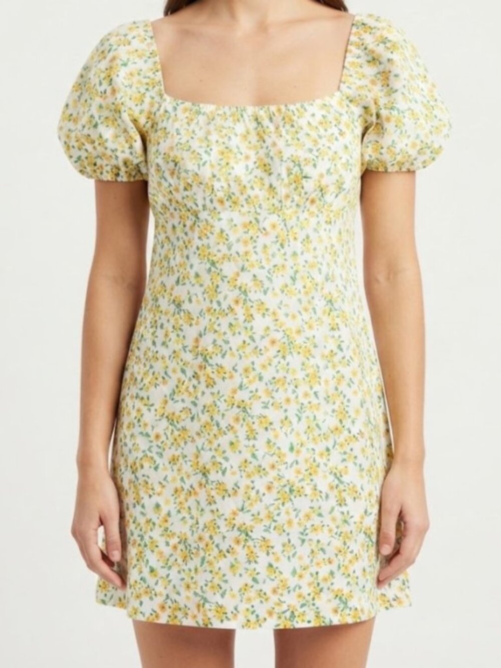 White Babydoll Short Sleeve Mini Dress with Yellow Floral Print